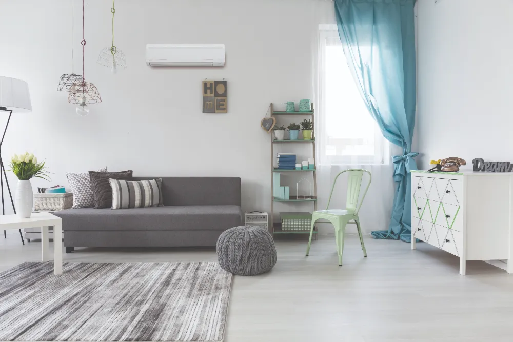 living room with ductless unit on wall